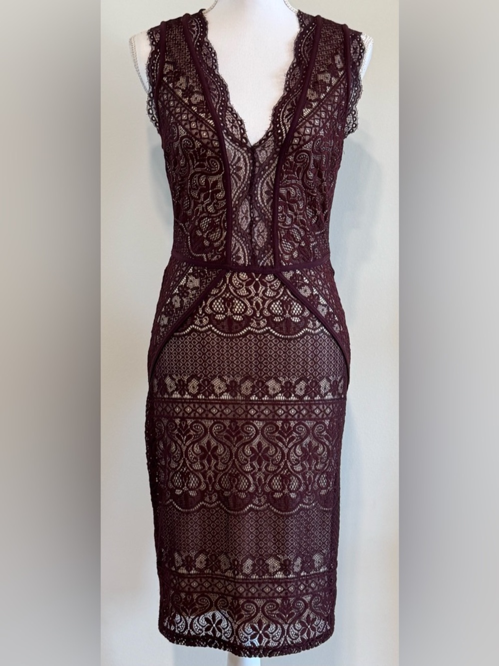 Windsor Women’s Sleeveless V-Neck Lace Dress in Burgundy Size M